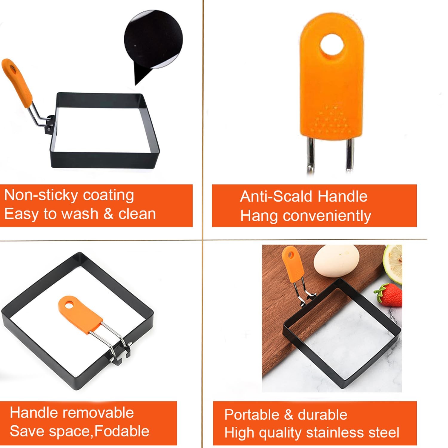 Large 4 Pcs 4 Inch Sqaure Egg Ring for Griddle 4 Pieces Square 4 Inch, Orange