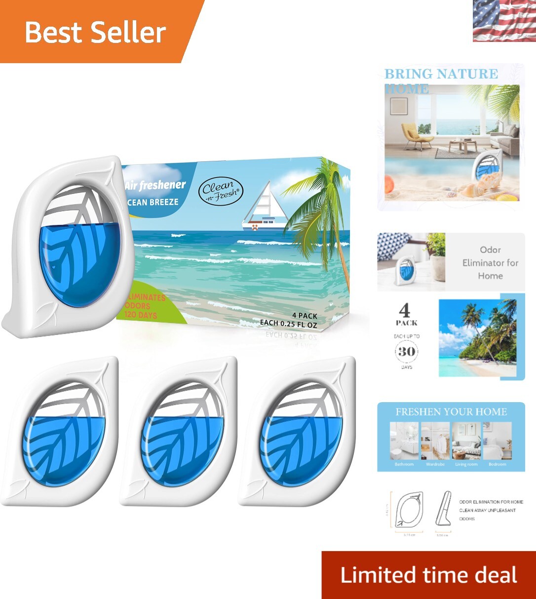 4 Pack Odor Eliminator Air Fresheners - Refreshing Ocean Scent for Small Spaces
