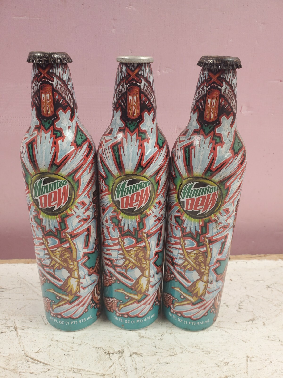 3 Mountain Dew Green Label Art Aluminum Bottles Cans 16 oz 2008 Empty Fairy