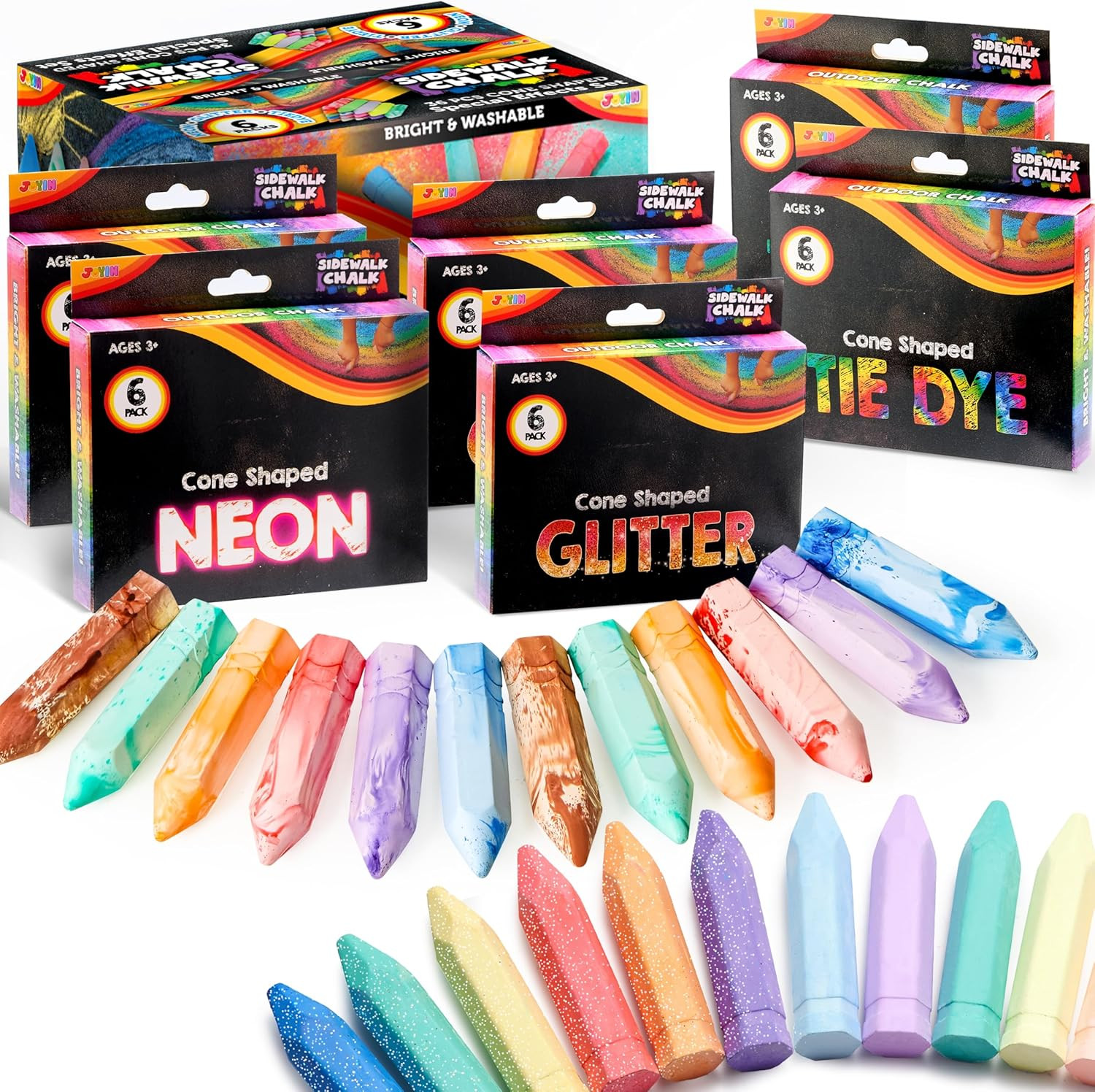 36 Washable Sidewalk Chalks Set 18 Colors Tie Dye Glitter Neon for Kids