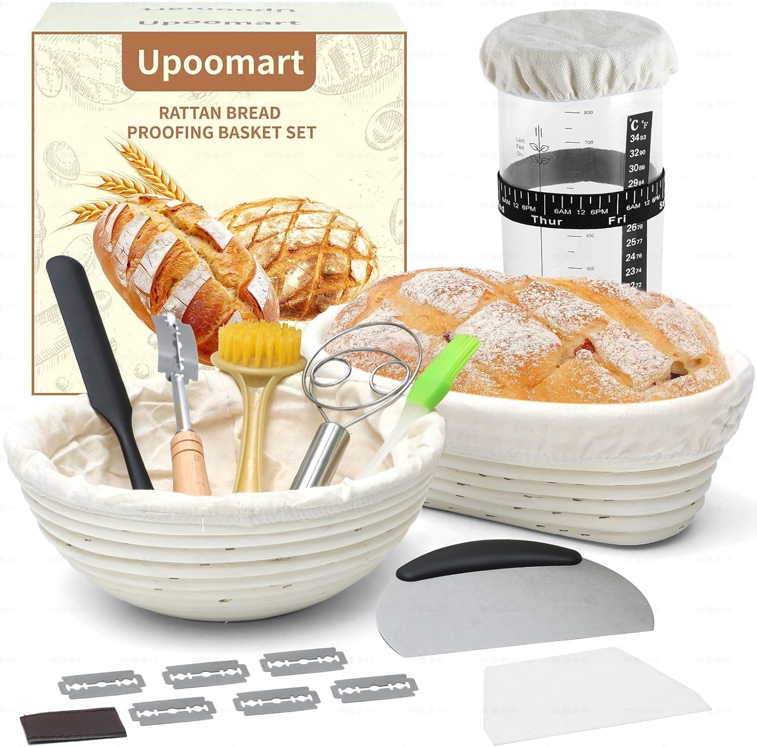 Artisan Sourdough Bread Baking Supplies: 2 Banneton Baskets & Starter Kit