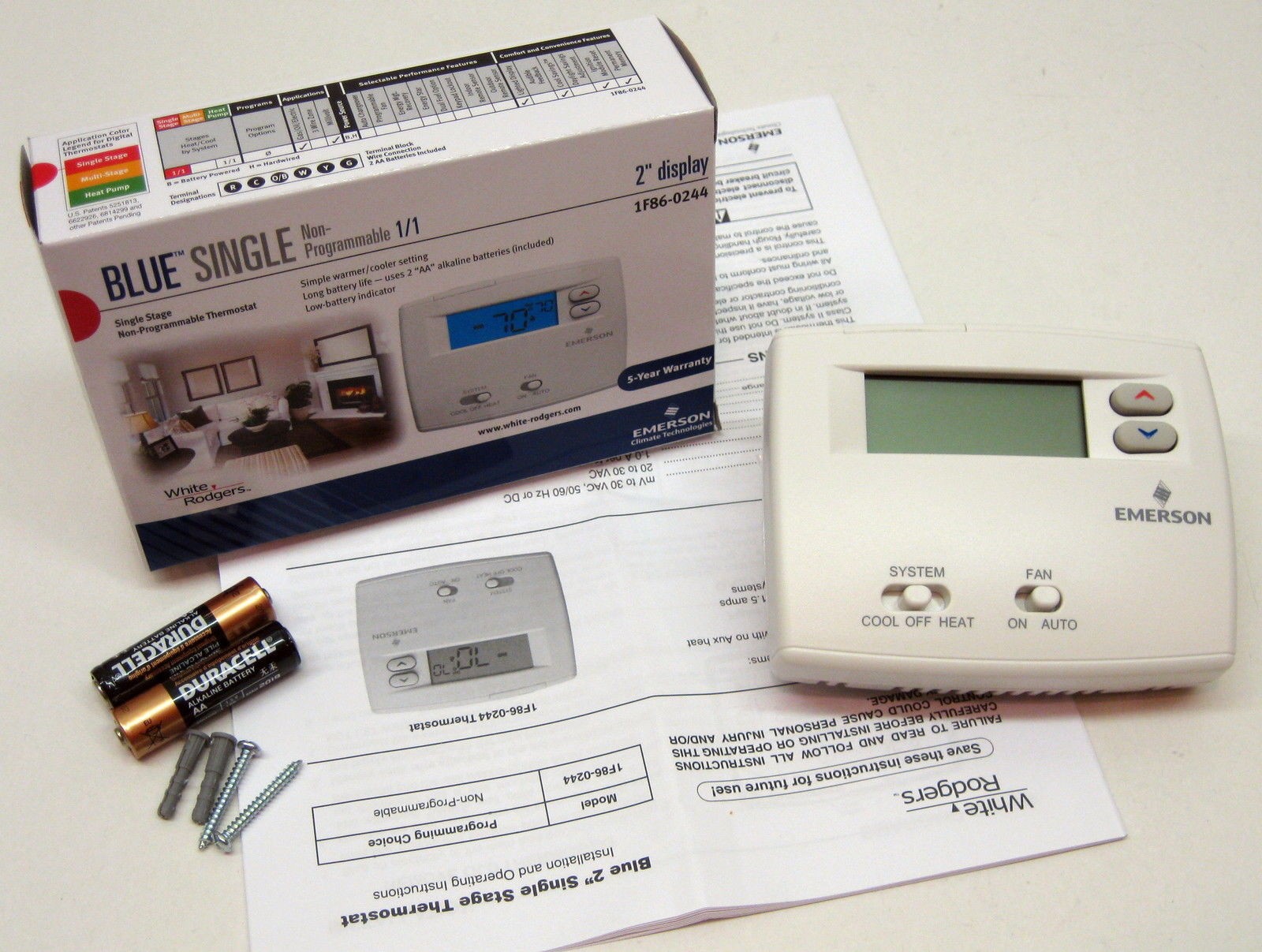 1F86-0244 Emerson White Wall Thermostat Heat/Cool Heat Pump Non Programmable