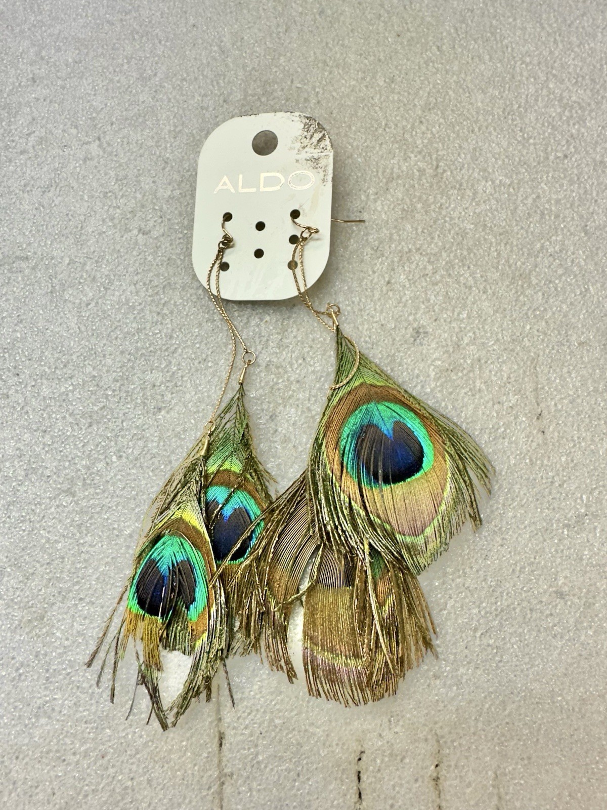 Vtg ALDO New Old Stock Genuine Peacock Dangle Earrings 6”