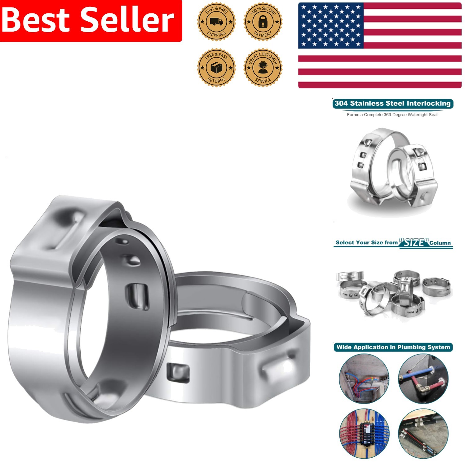 High Quality PEX Clamps 50 Count 1/2 Inch Stainless Steel Pipe Connectors