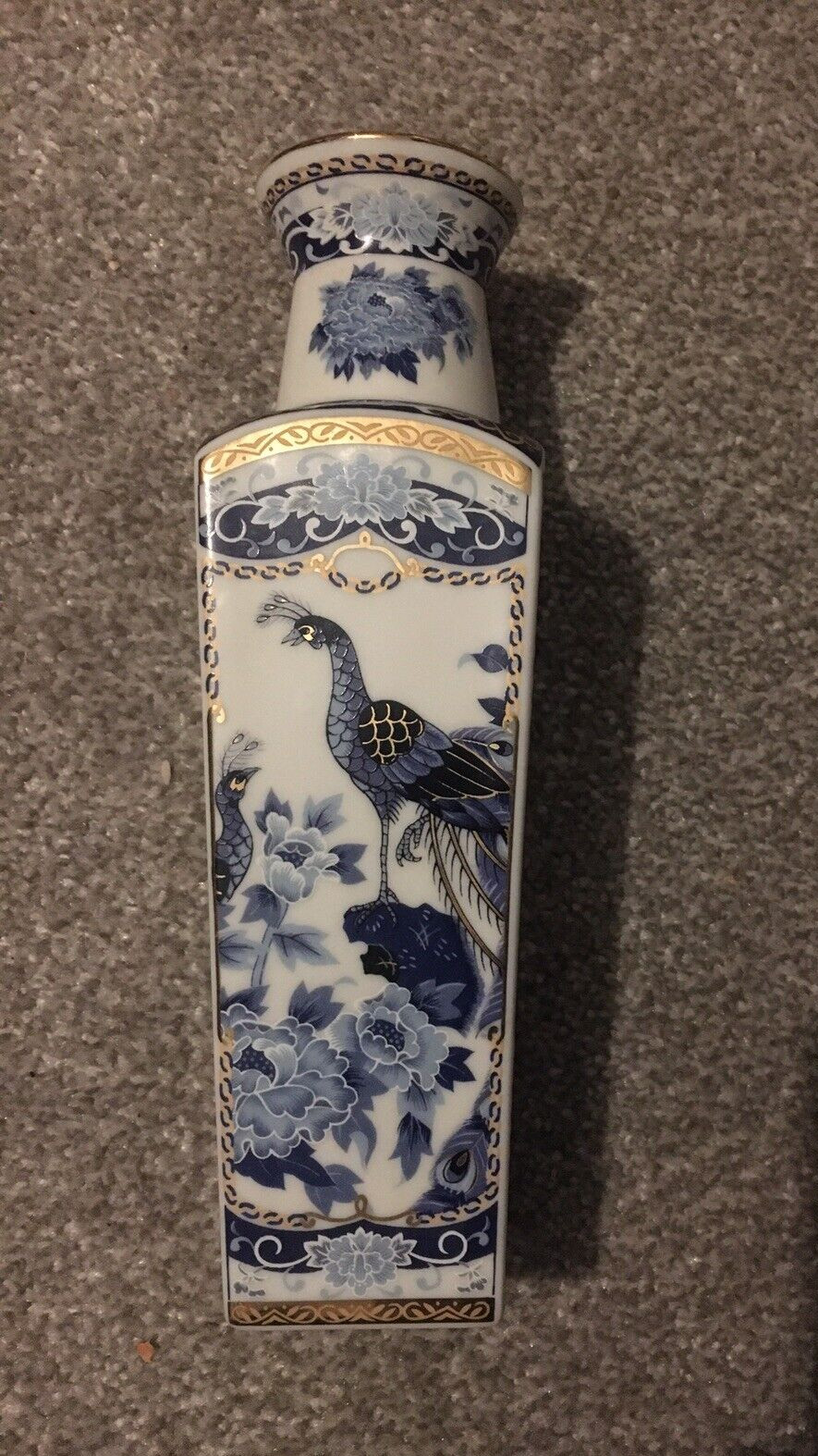 Blue/white/gilt decorated Pheasant  square vase. 20cms tall. Porcelain. no marks
