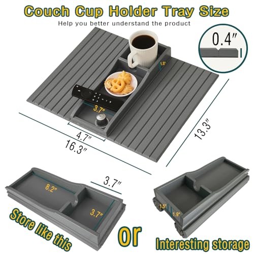 Bamboo Couch Cup Holder Arm Tray Table，Couch Drink Holder，Sofa Cup Holder Gray