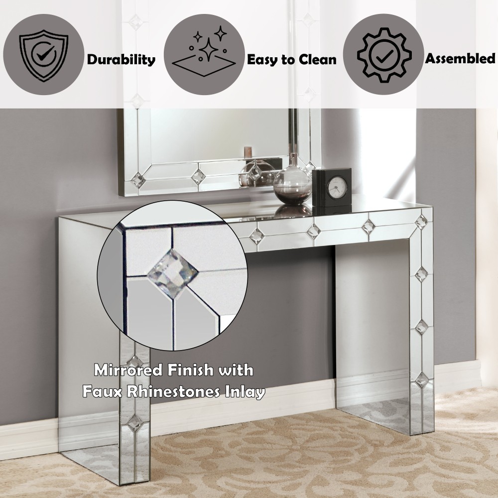 Mirrored Console Table w/ Faux Rhinestones & Sled Base, Silver (47" L x 16" W)
