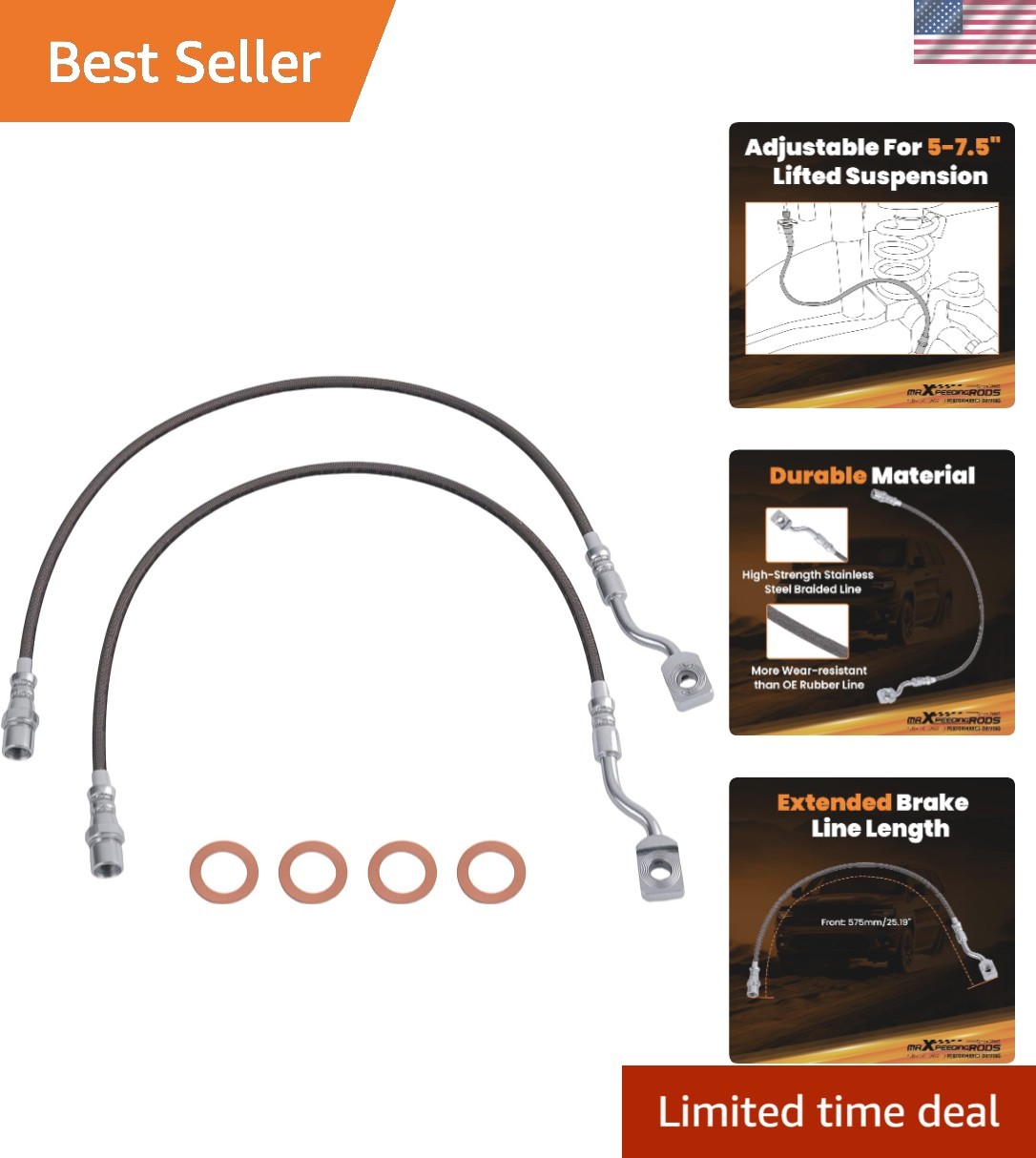 Front Extended Brake Lines for Chevy Silverado/GMC 1500 2007-2018, 2500HD/350...
