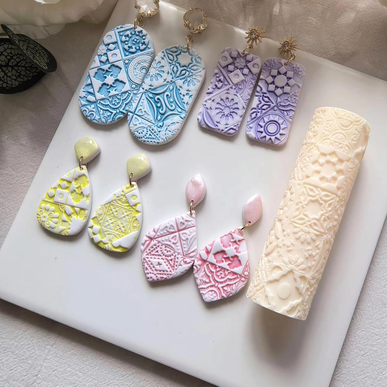 Polymer Clay Texture Roller Work with Polymer Clay Cutters for DIY Earrings