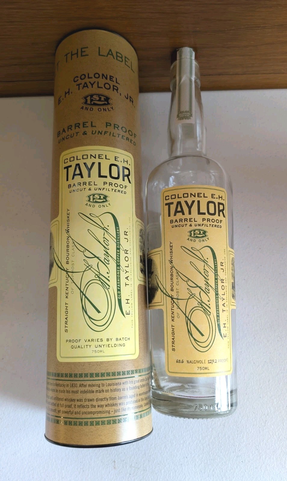 Colonel E.H. Taylor Barrel Proof Empty Liquor Bottle Clear 750ml with Tube!
