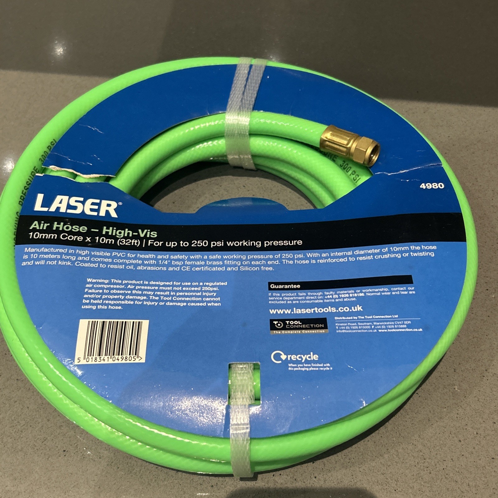 Laser  Air Hose high-vis - 10mm core - 10m 1/4 bps female fitting each end.