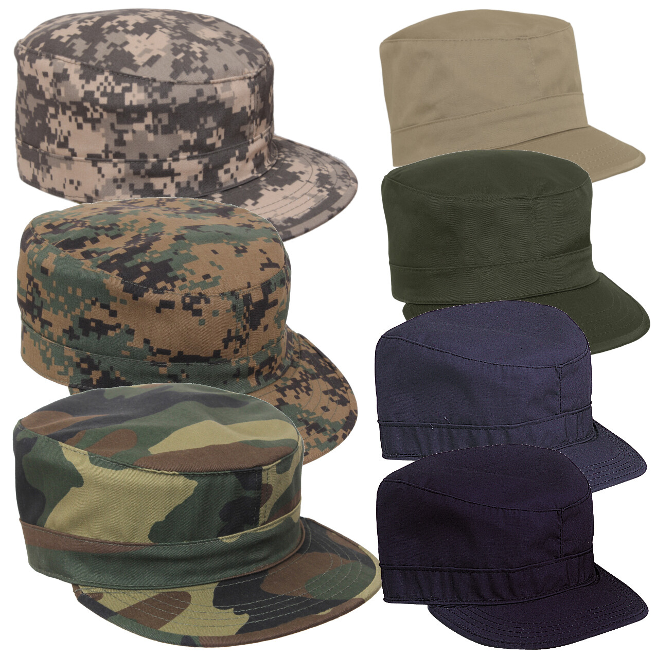 Adjustable Fatigue Cap Hat - Adult Mil-Spec Solid & Camo Patrol Caps