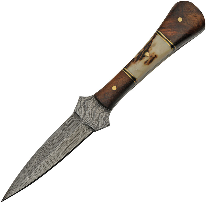Damascus Baby Boot Stag Bone/Wood Fixed Blade Dagger Knife w/ Belt Sheath 1267