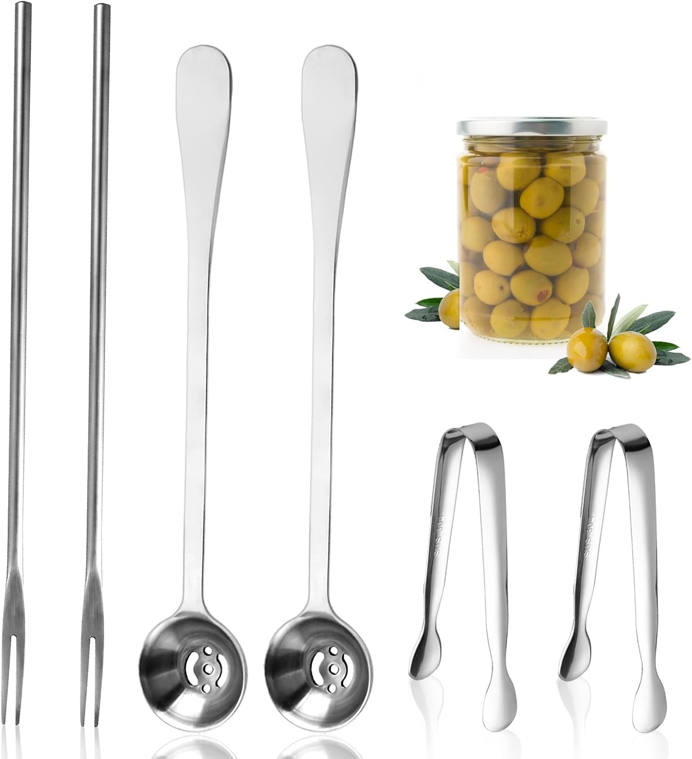 6 Pieces Long Handle Pickle Fork Olive Spoon with Drain Hole Strainer Kitchen Se