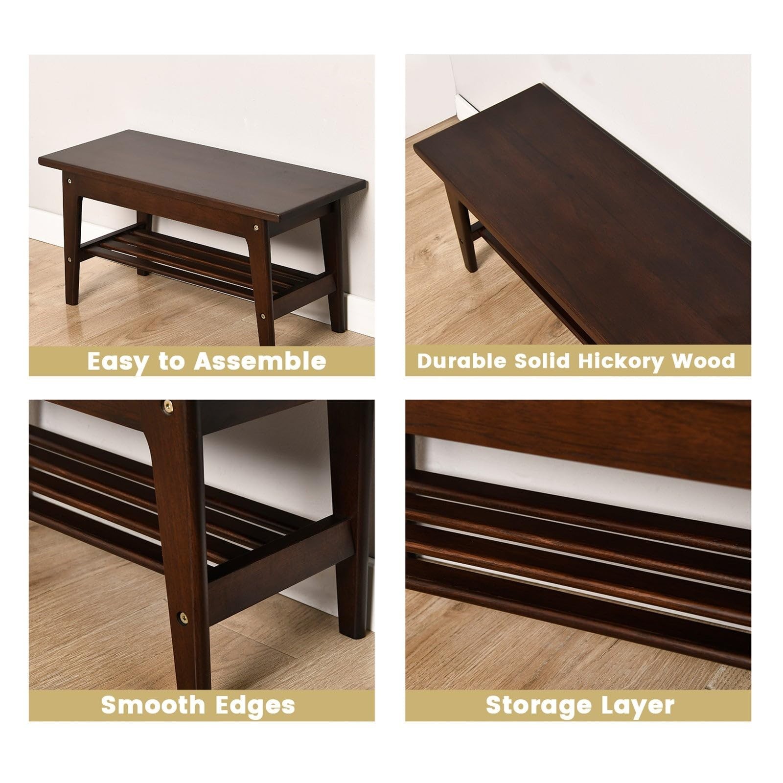CONSDAN Wood Shoe Bench Rack, USA Grown Hickory, Entryway Bench