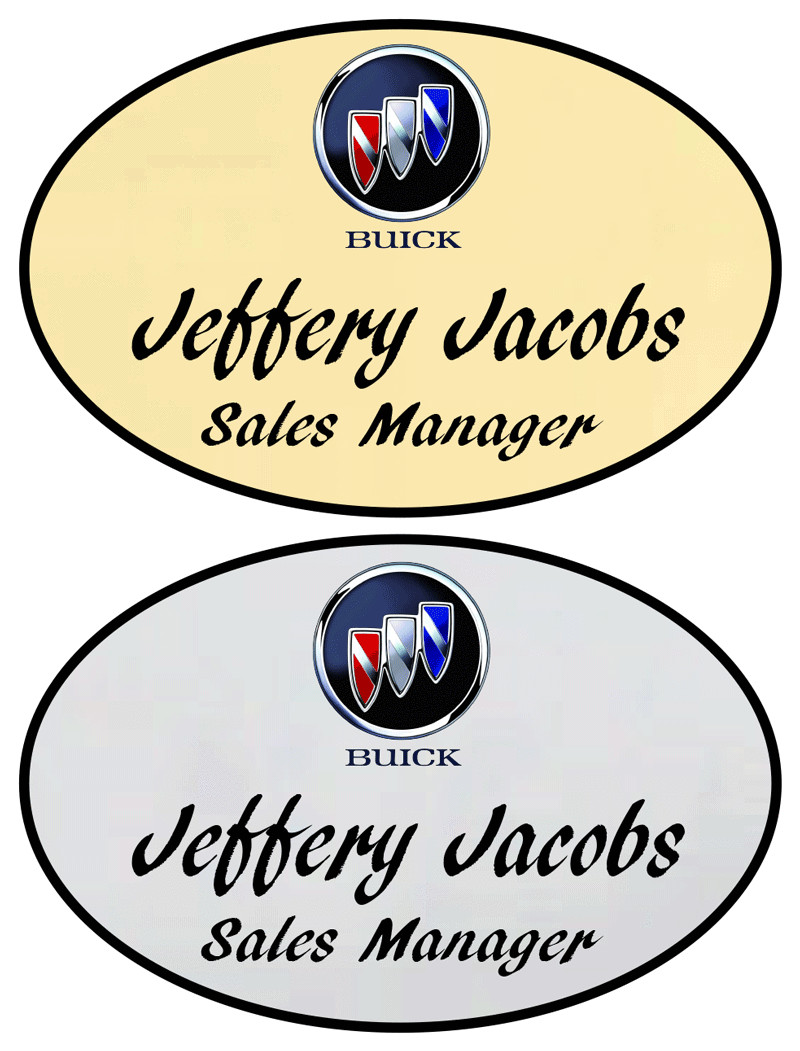 1 GOLD & 1 SILVER OVAL BUICK PERSONALIZED NAME BADGES W/ SAFETY PIN FASTENER