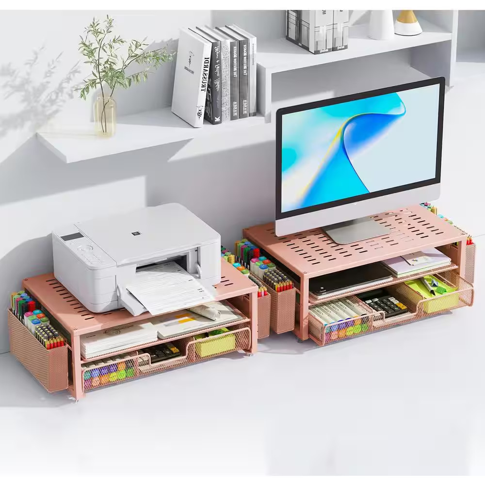 Rose Gold 15.7 In. X 6 In. Metal Modern Desk Organizer Stand with Drawer and 2 P