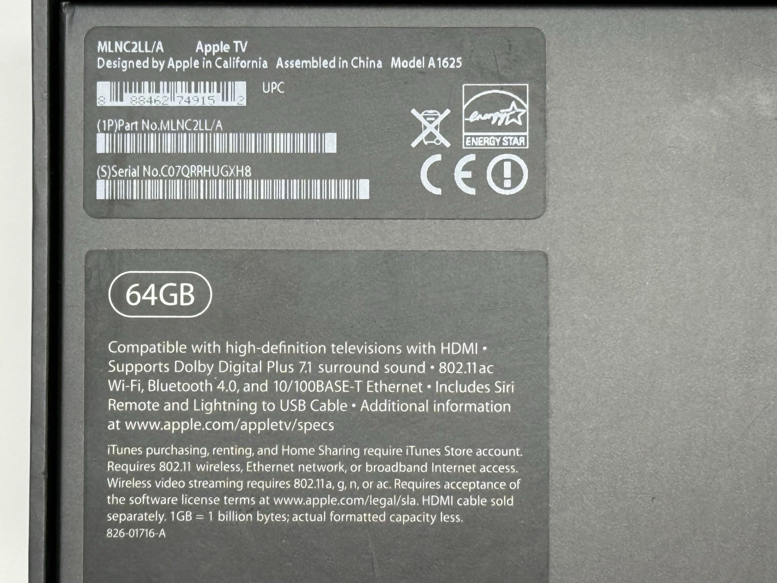 Apple TV (4th Generation) HD Media Streamer -- A1625 -- 64MB