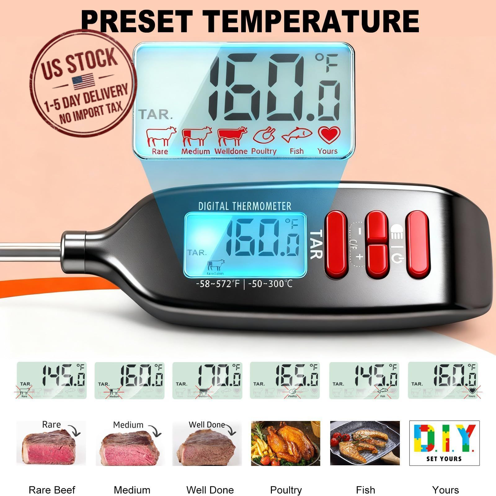 Instant Read Food Thermometer Long Probe for Cooking Grilling Baking BBQ Kitchen