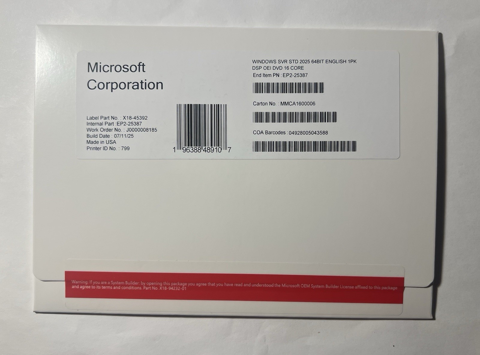 Microsoft Windows Server 2025 Standard 16 Core DVD
