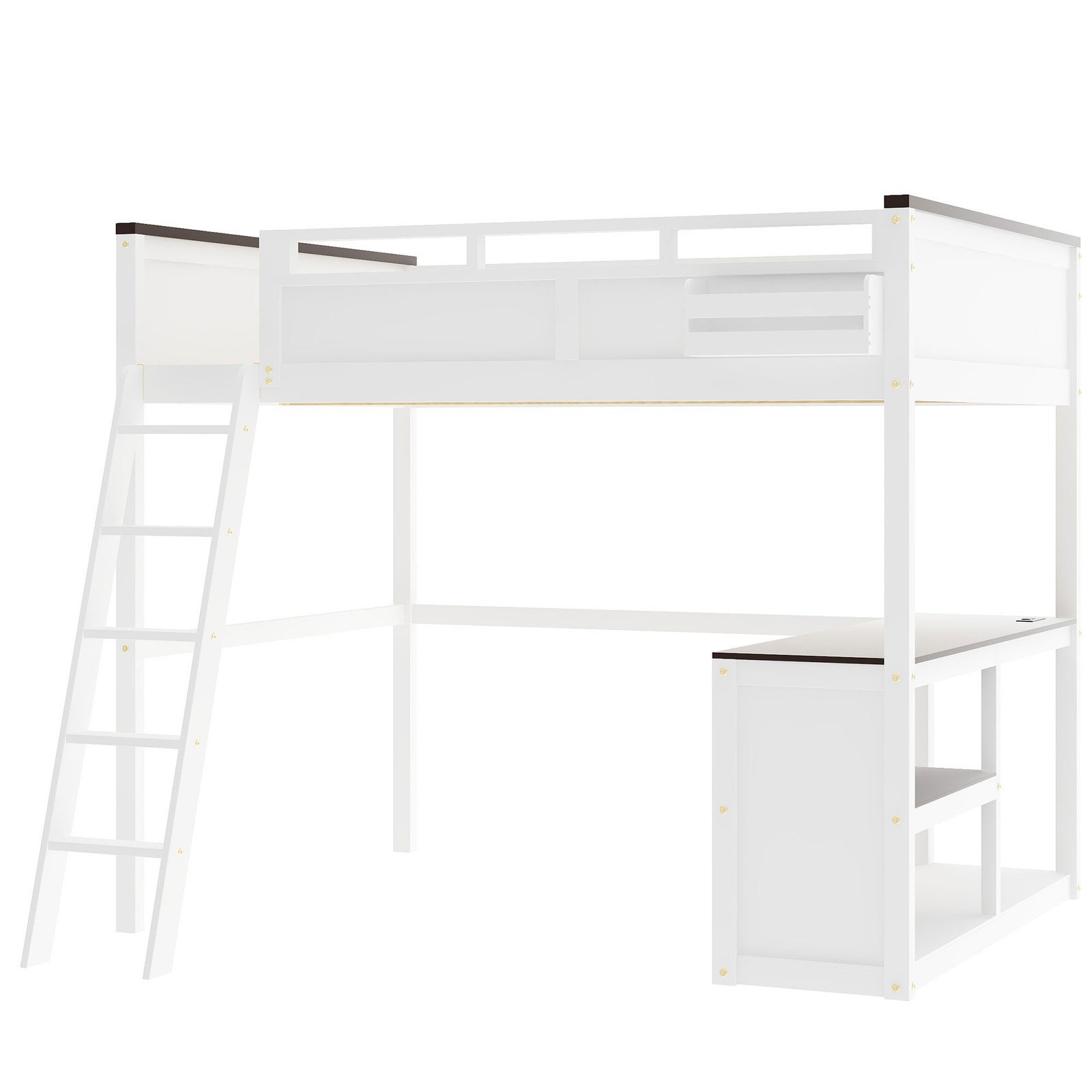 Queen Size Loft Bed with Desk Ladder Storage Shelf Solid Wood Bedroom Bed Frame