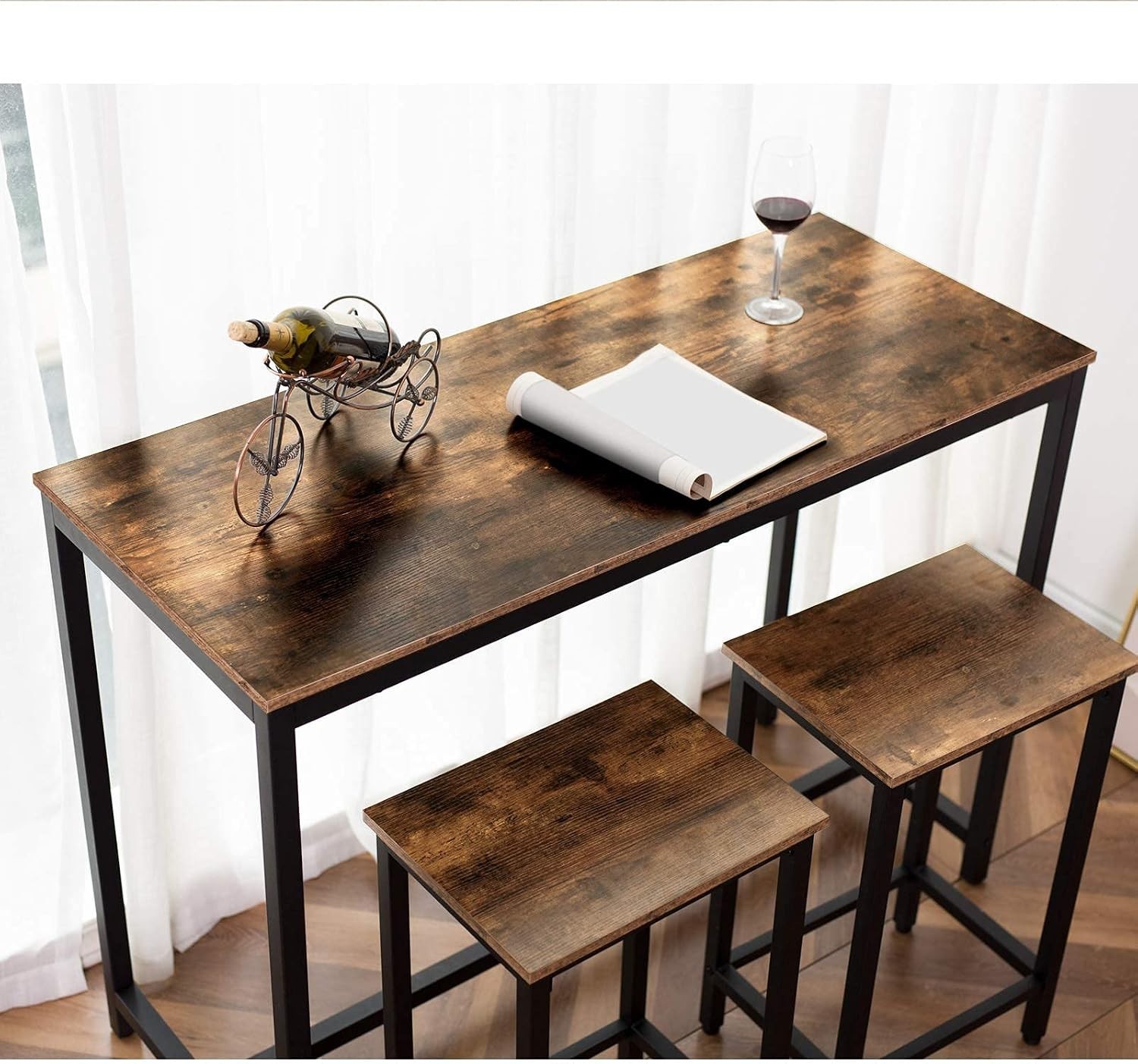 Table Chairs Set 47.2 Inch Rectangular Pub Steel Frame Rustic Brown