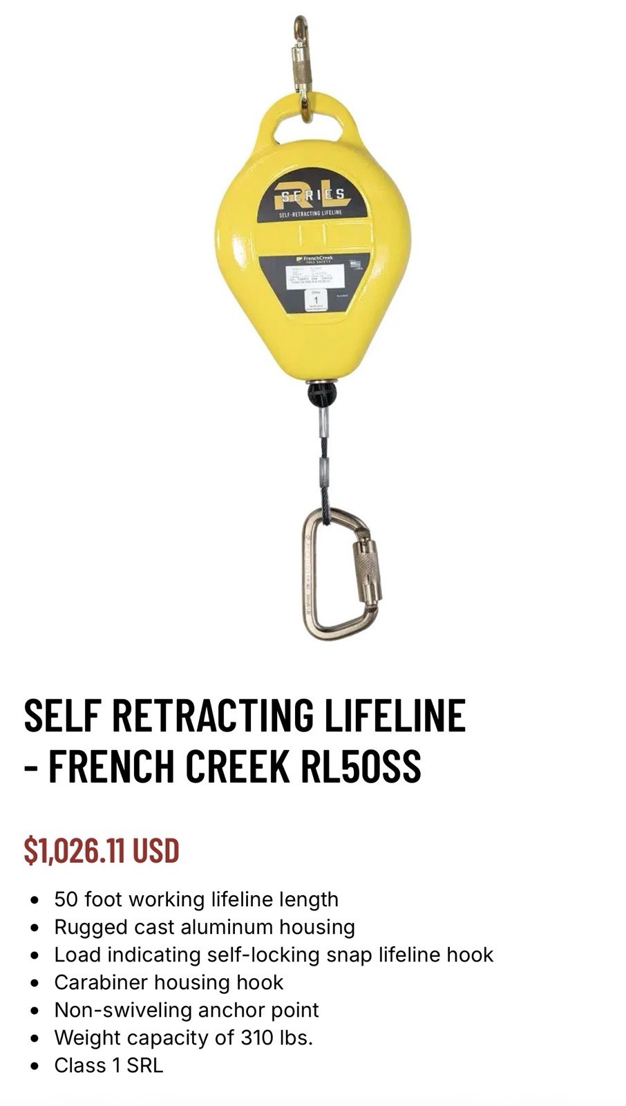SELF RETRACTING LIFELINE - FRENCH CREEK RL50SS. Brand New