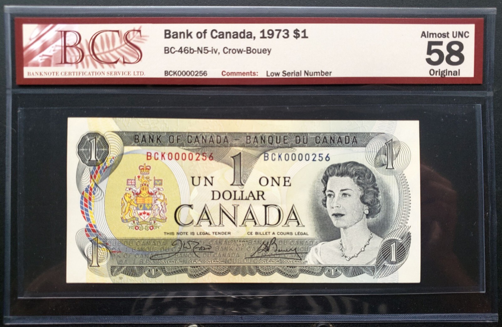 1973 Bank of Canada $1 Crow/Bouey Low Serial # BCK0000256 BCS CH.AU58 BC-46b