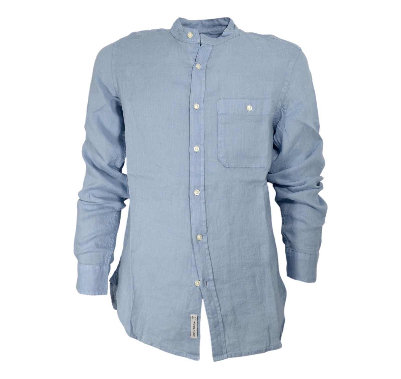 Woolrich Indigo Pure Linen Band Collar Button Shirt, Long Sleeve