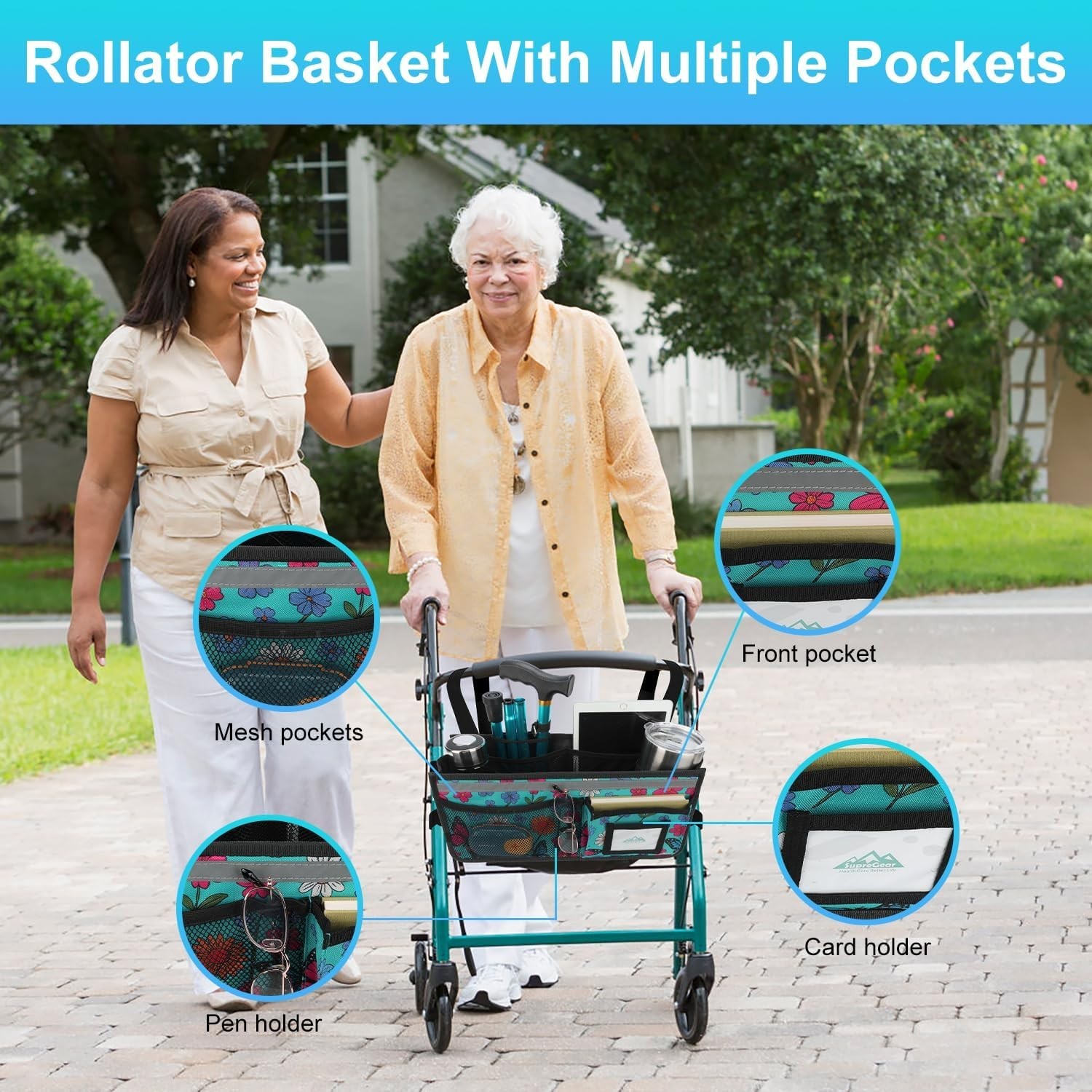 Rollator Basket, Rollator Walker Bag w/Cup Holder, Foldable Rolling Walker Wa...