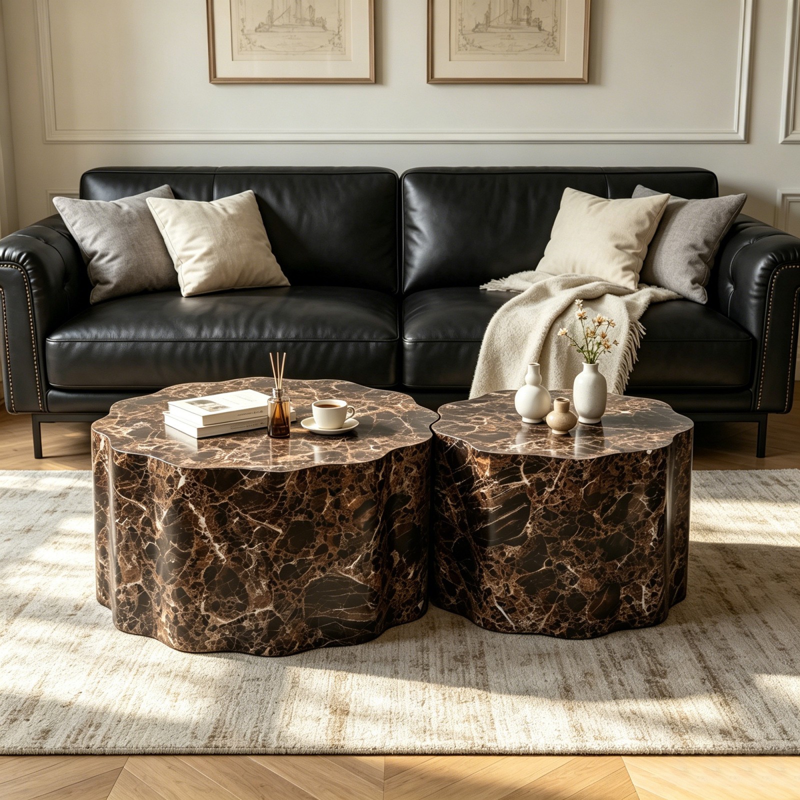 Set of 2 Round Coffee Tables Faux Travertine Walnut Marble Top