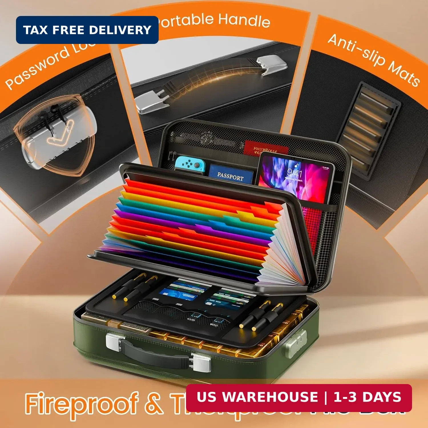 Fireproof Document Box with Lock, 5200°F Fireproof Water Resistant Hard Case Fil