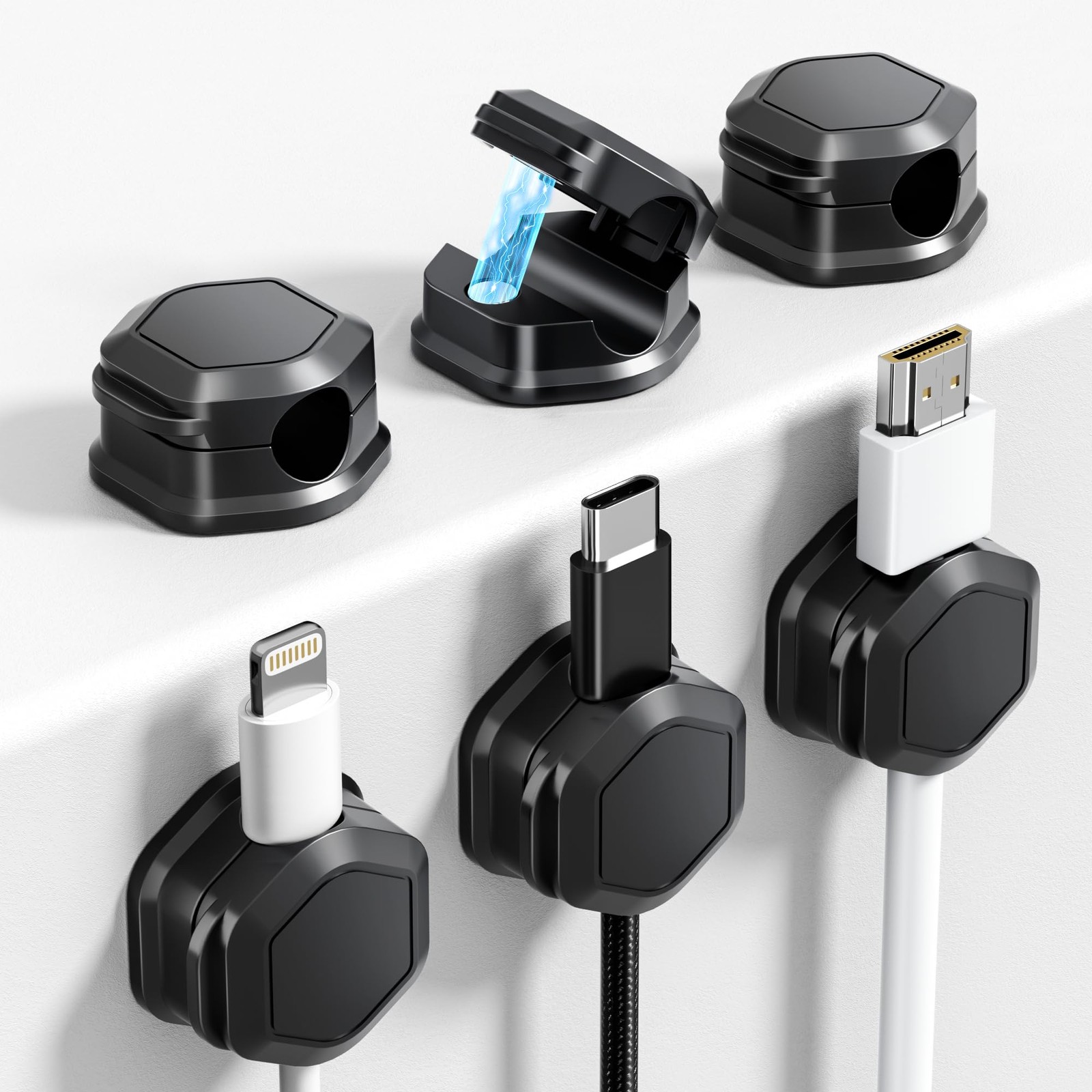 6 Pack Magnetic Cable Clips [Cable Smooth Adjustable] Cord 6Pack, Black