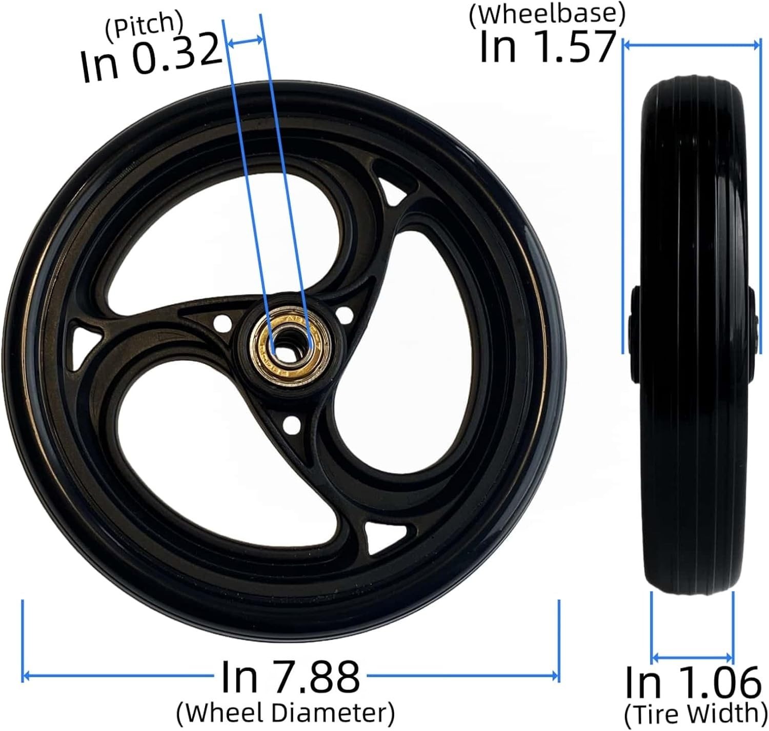 8" Black Walker Replacement Wheels, Hard Rubber, Fits Rollator | 2-Pack, Non-...