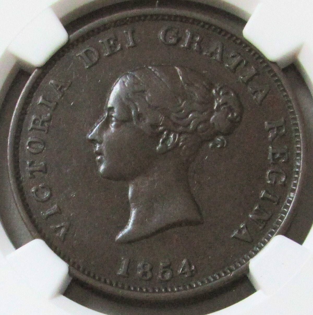1854 CANADA 1 PENNY NEW BRUNSWICK VICTORIA INCOMPLETE ENSIGN NGC VF 35 BN NB-2B2