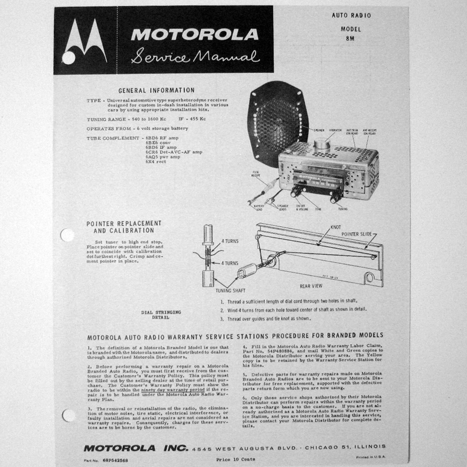 Motorola ® Model 8M Universal Auto Radio Service Manual © 1950s