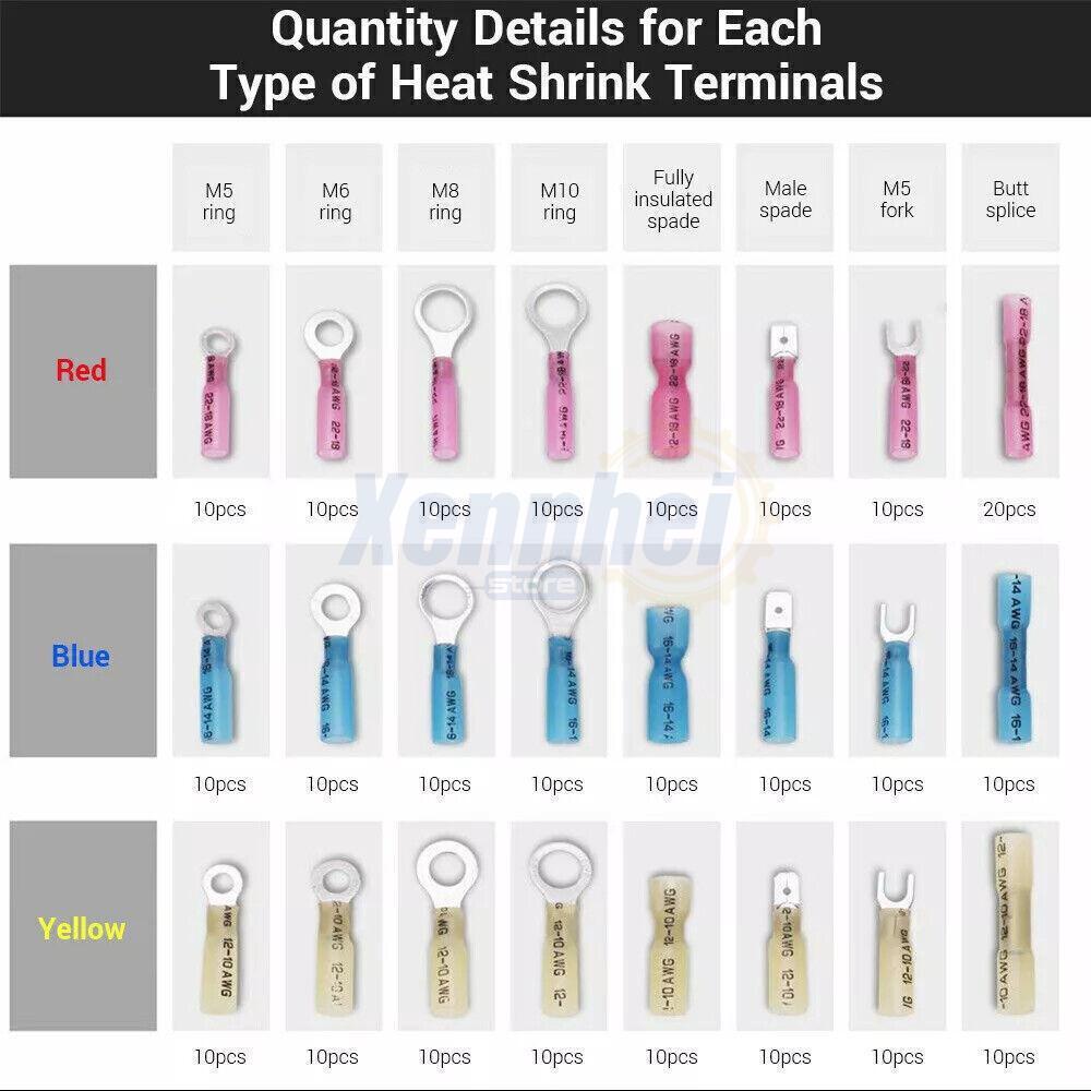 250x Heat Shrink Wire Connectors Electrical Ring Fork Spade Crimp Terminals Kit