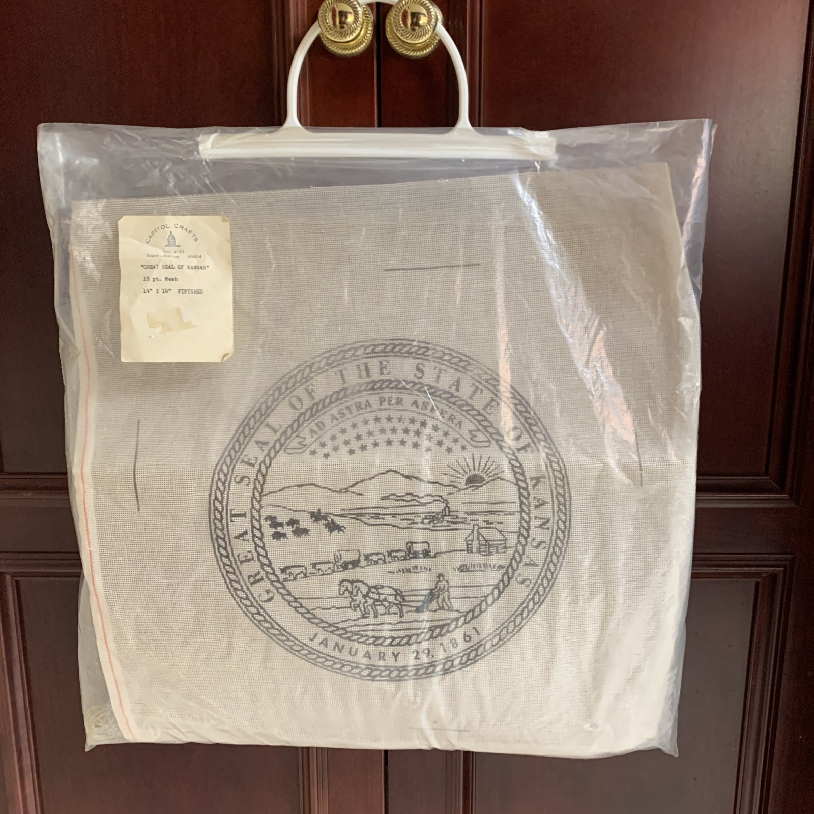 VTG Great Seal of Kansas State Needlepoint Canvas Kit 14 x 14 By Capitol Crafts