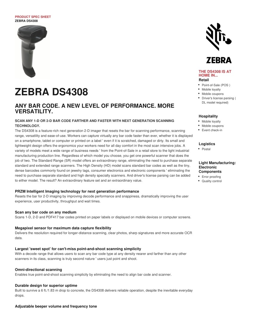 Zebra DS4308-SR00007VZAP 1D/2D Direct Mark Handheld Barcode Reader w/ USB Cable