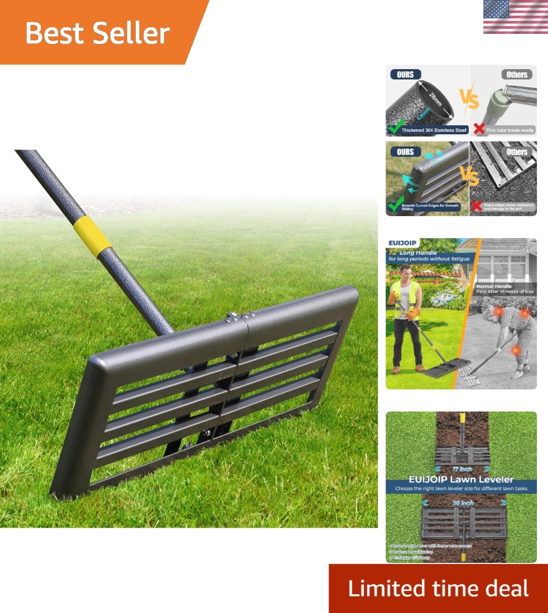 Multi-Functional 30" Lawn Grading Rake with Adjustable 80" Handle, Black Finish