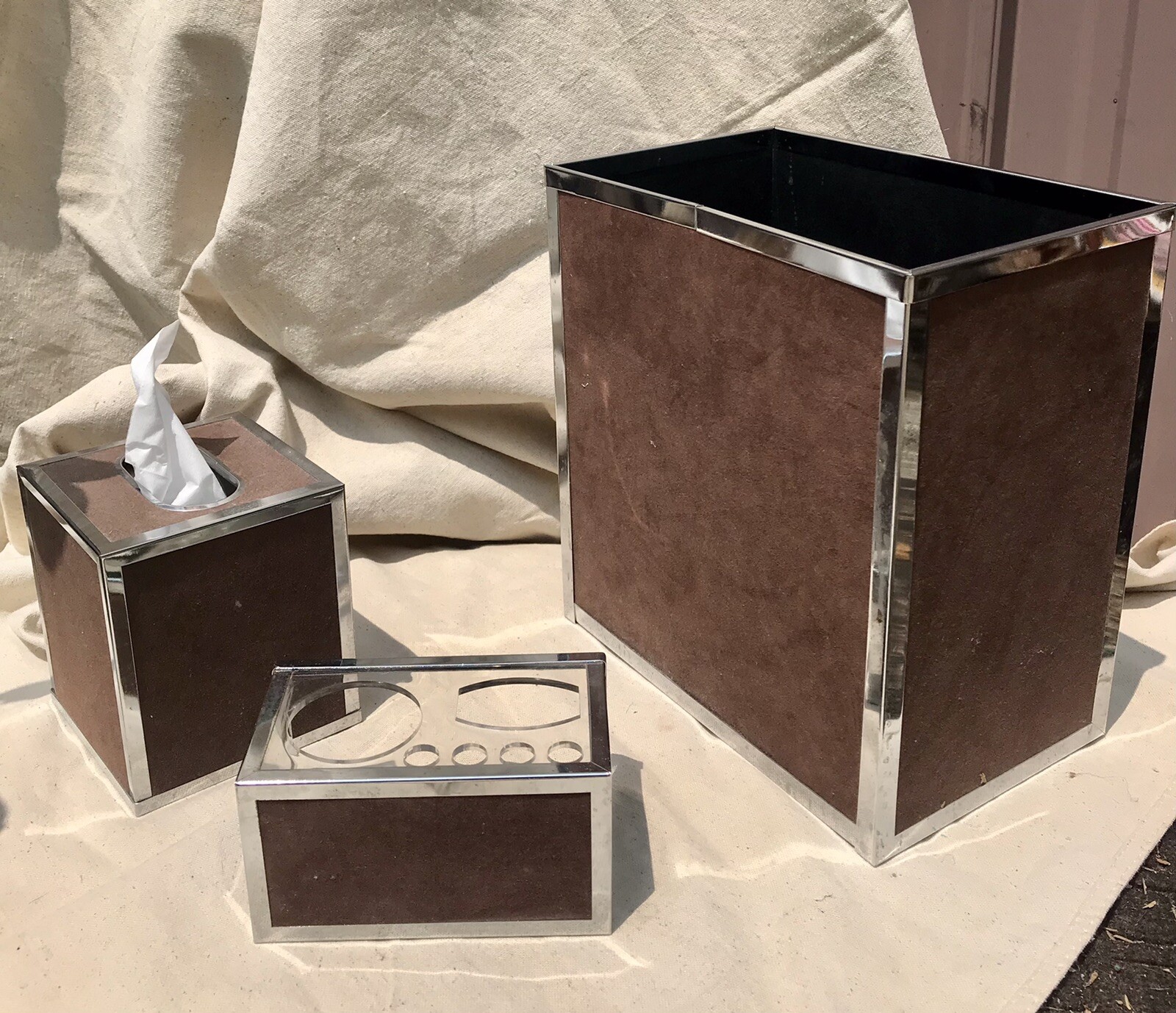 MCM Chrome Suede Wastebasket Tissue Makeup Holder Set Stylebuilt Accessories