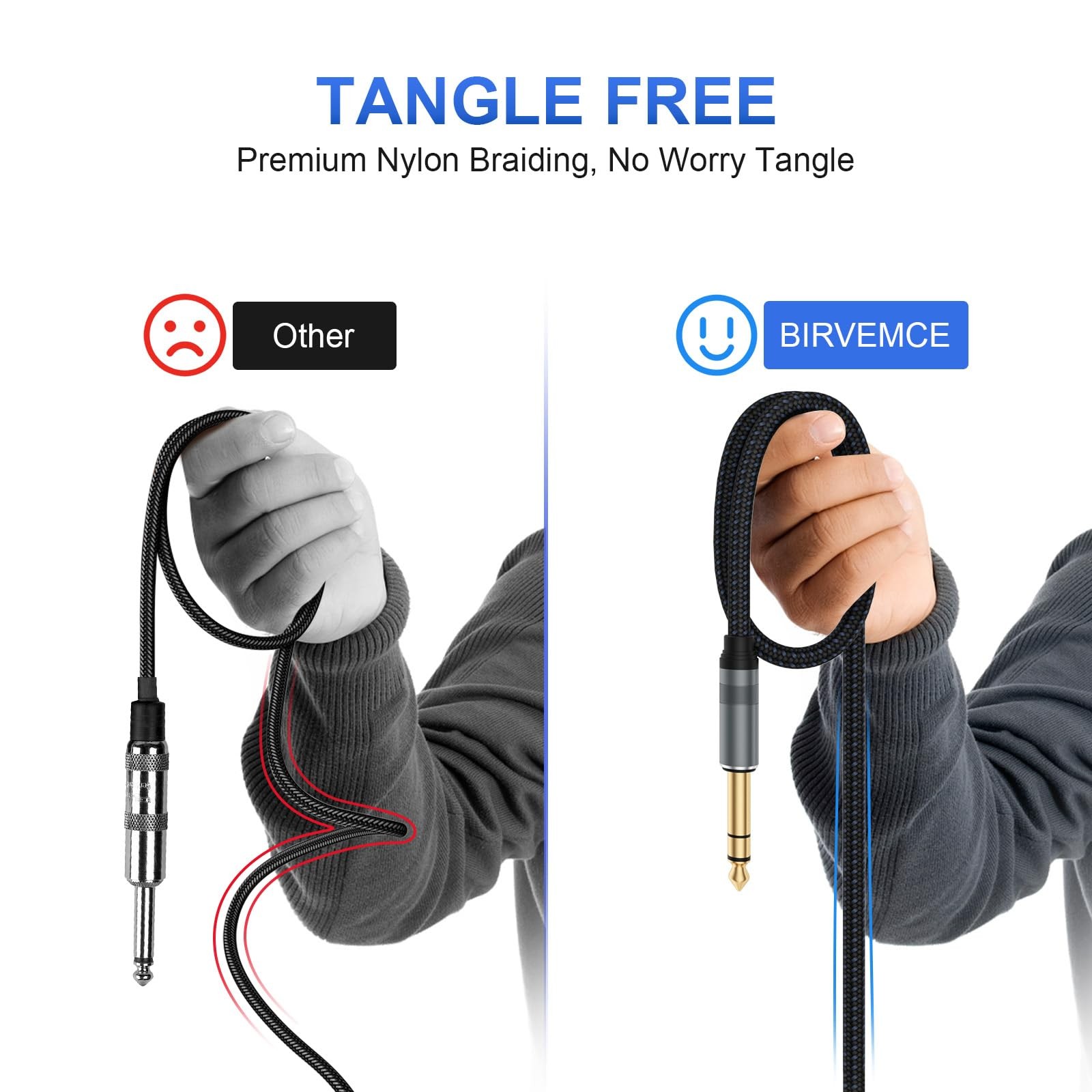 Birvemce 2 Pack Premium TRS Cable 10FT, 1/4 Inch 10 FT, Braid Black Grey