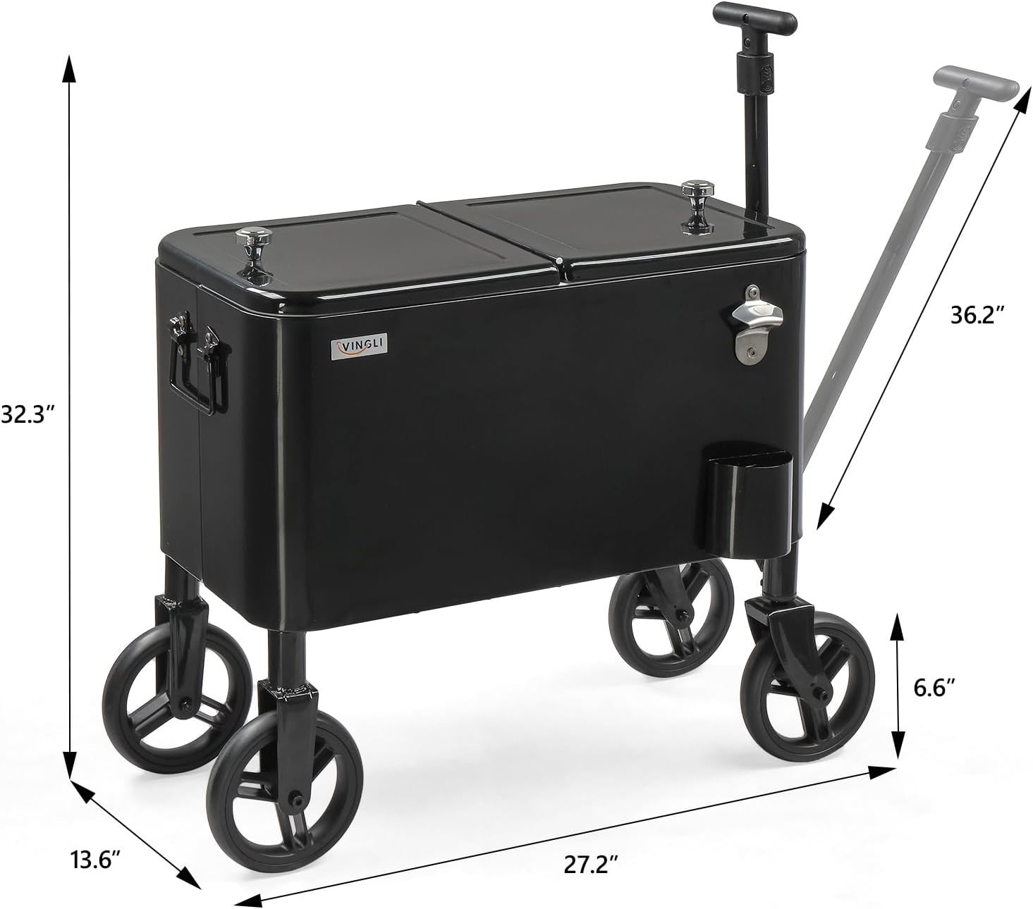 80 Quart Rolling Cooler Ice Chest with Wheels and Long Handle Black
