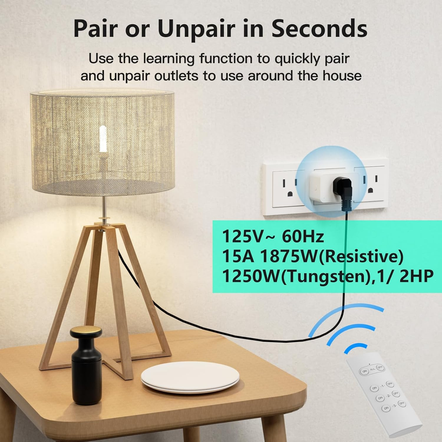 Wireless Electrical Outlets with Remote Control, 1875W/15A, 100FT Range, ETL Lis