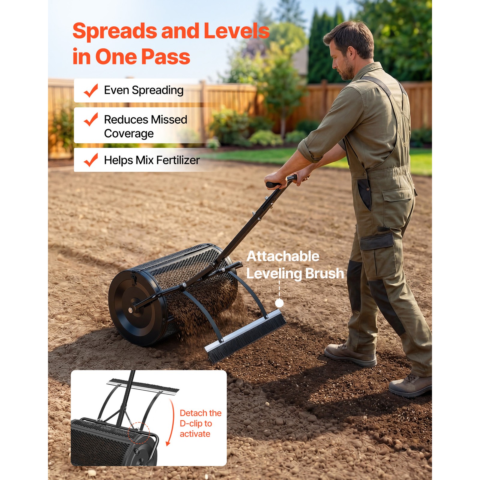 Uimoso Compost Spreader Roller 24" with Push/Tow Handle and Integrated Brush