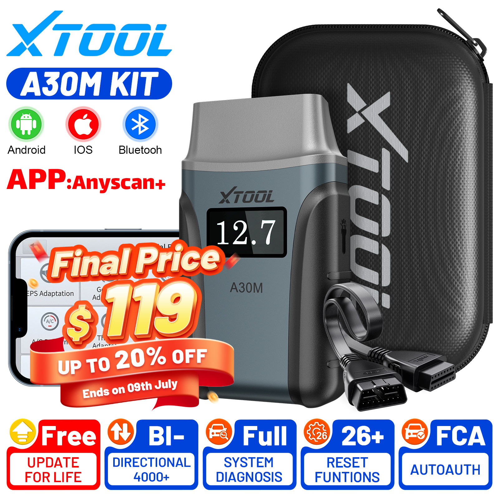 2026 XTOOL A30M V2.0 KIT Bluetooth Scanner All System OBD2 Diagnostic Tool Auto
