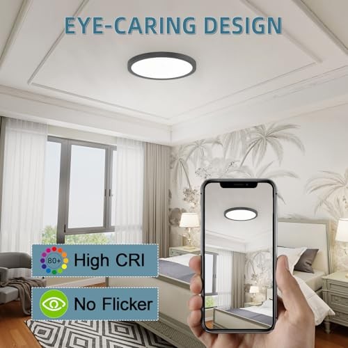 LED Flush Mount Ceiling Light, 12inch Dimmable Round 12in - 1Pack Black