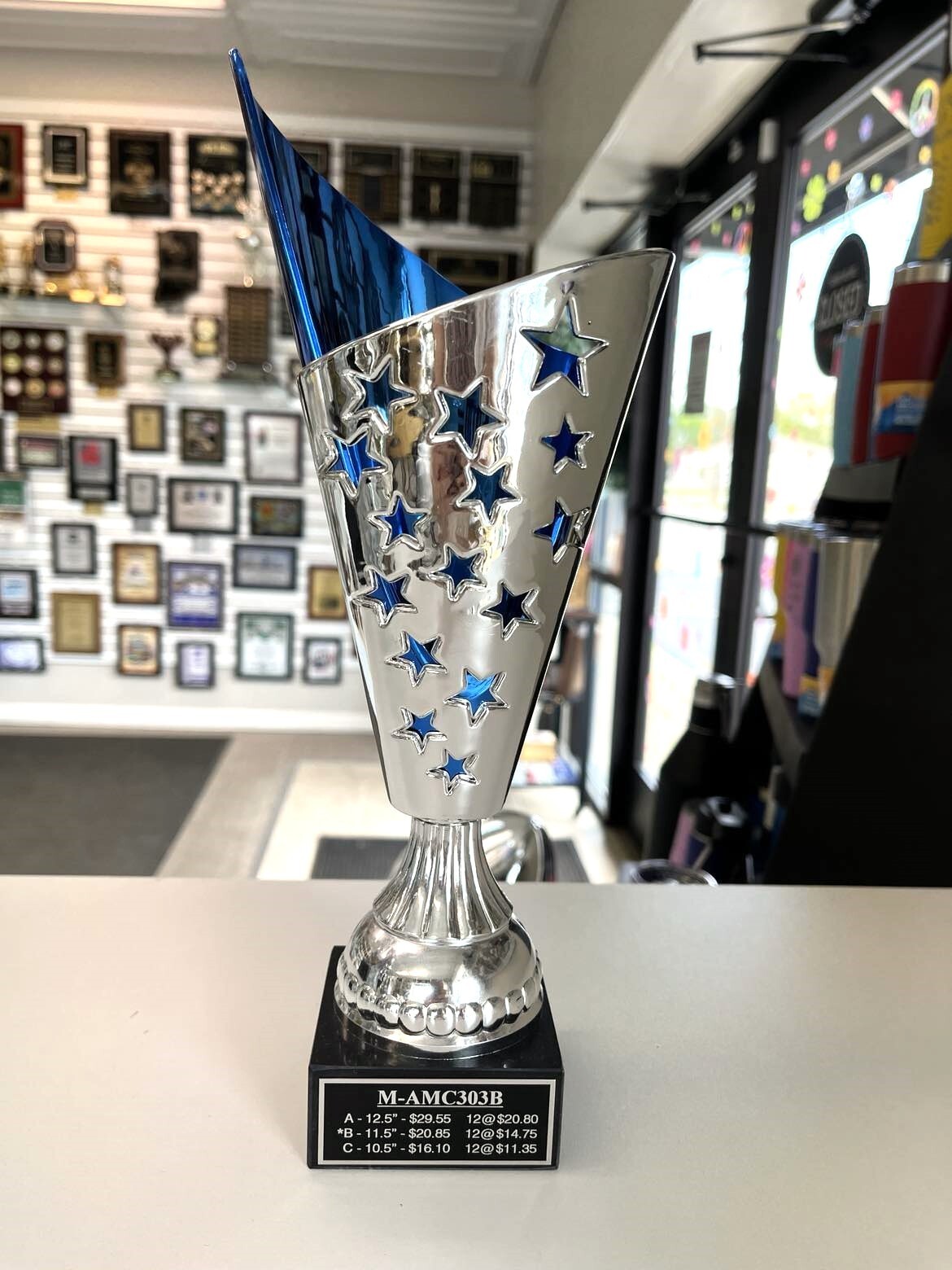 CUP TROPHY 11 1/2" TALL AWARD BLUEACCENT FREE LETTERING 3 SIZES AVAIL M-AMC303B#