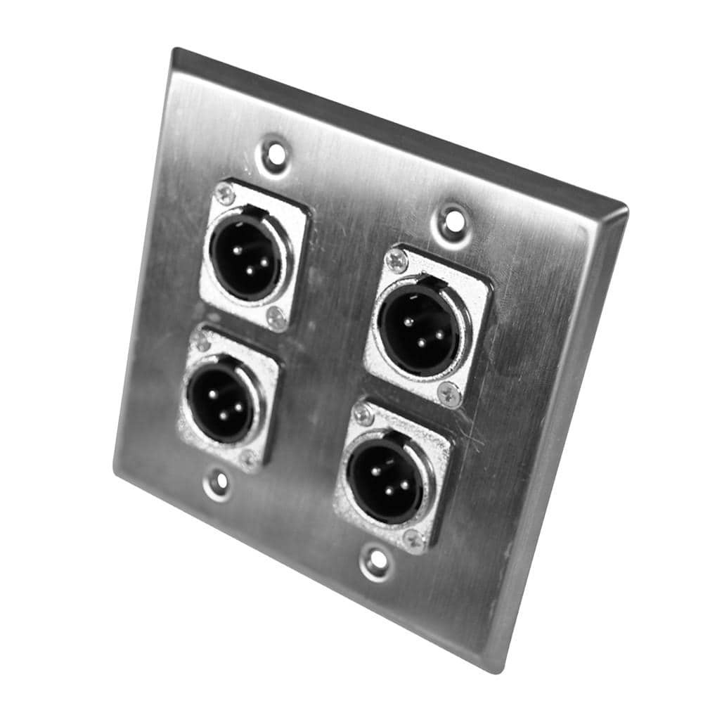 Stainless Steel 2 Gang Wall Plate with 4 XLR Male Connectors