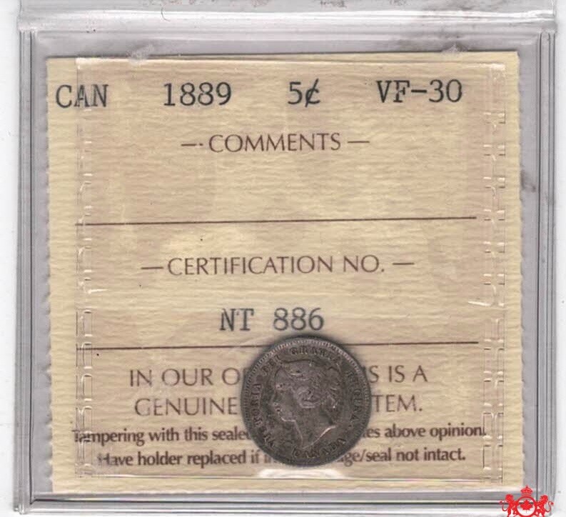 1889 Canada 5 Cents - ICCS VF30 - NT 886